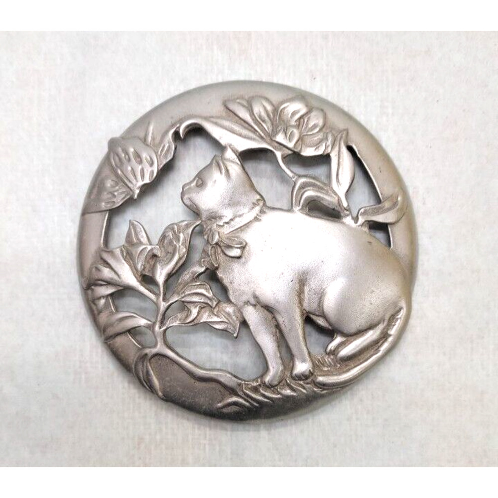 Seagull 1988 Vintage Pewter Cat Floral Scene Circle Lid ONLY 3"D